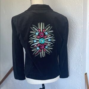 & Trousers Black‎ Velvet Cotton Botanical Floral Embroidered Jacket Size 6